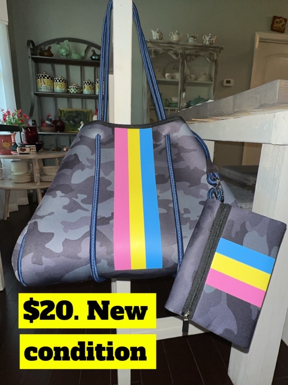 Neoprene Camo Tote with Pink, Yellow & Blue Stripe